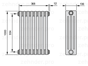 Схема (чертеж) Радиатор Zehnder Charleston 4100/8 №1270 Белый глянцевый RAL 9016